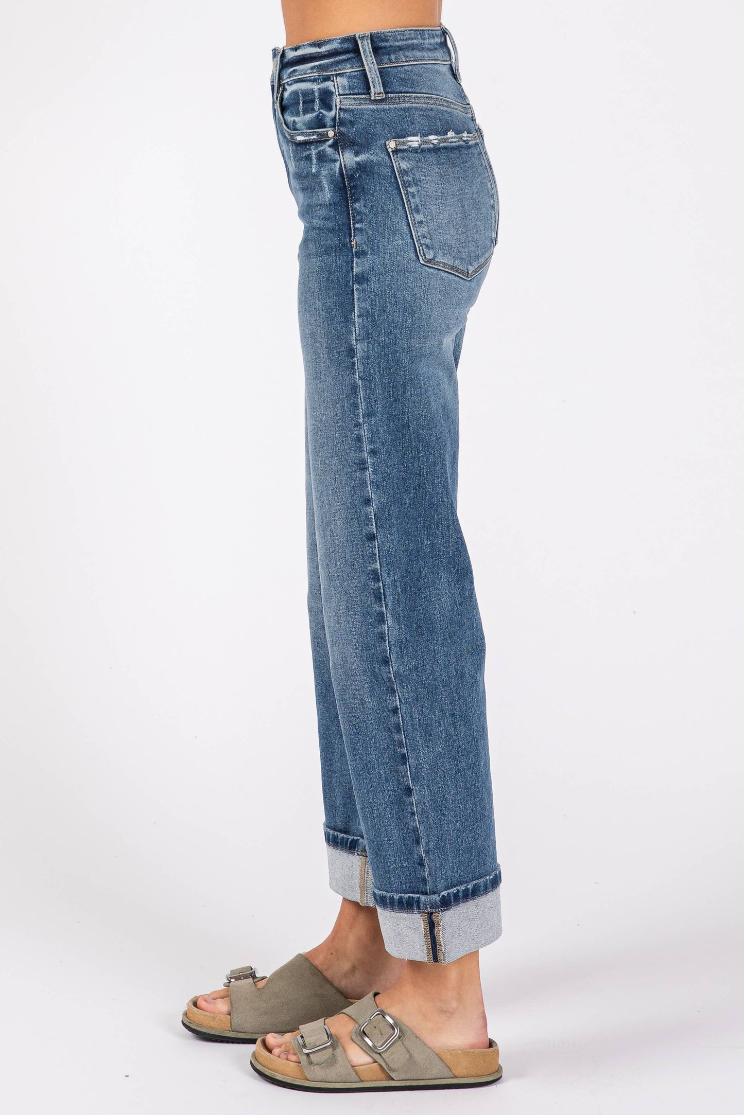 High Rise Stretch Relaxed Straight Jean With Cuffed Hem