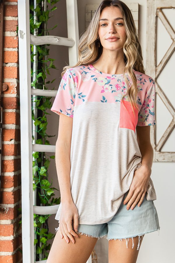 Floral Print Ribbed Pocket Top