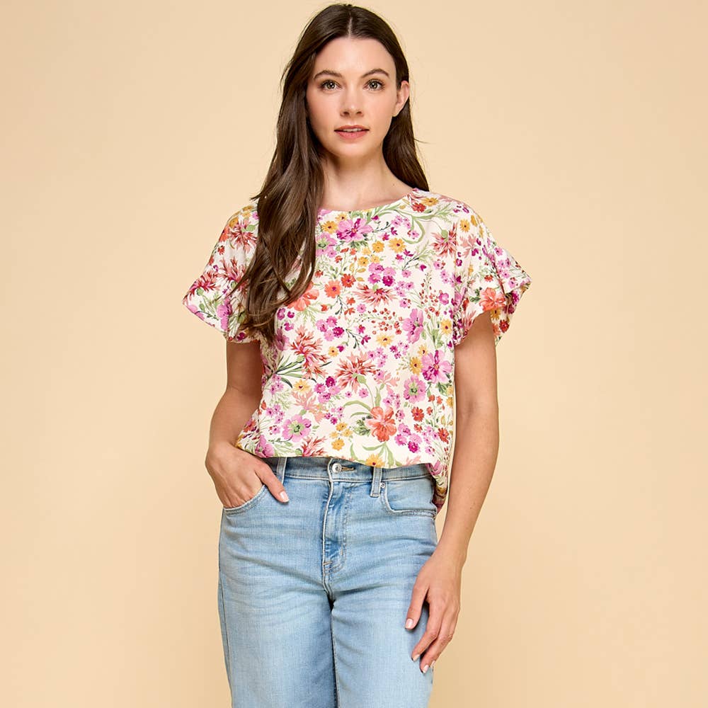 Floral Printed Top with Ruffled Sleeves
