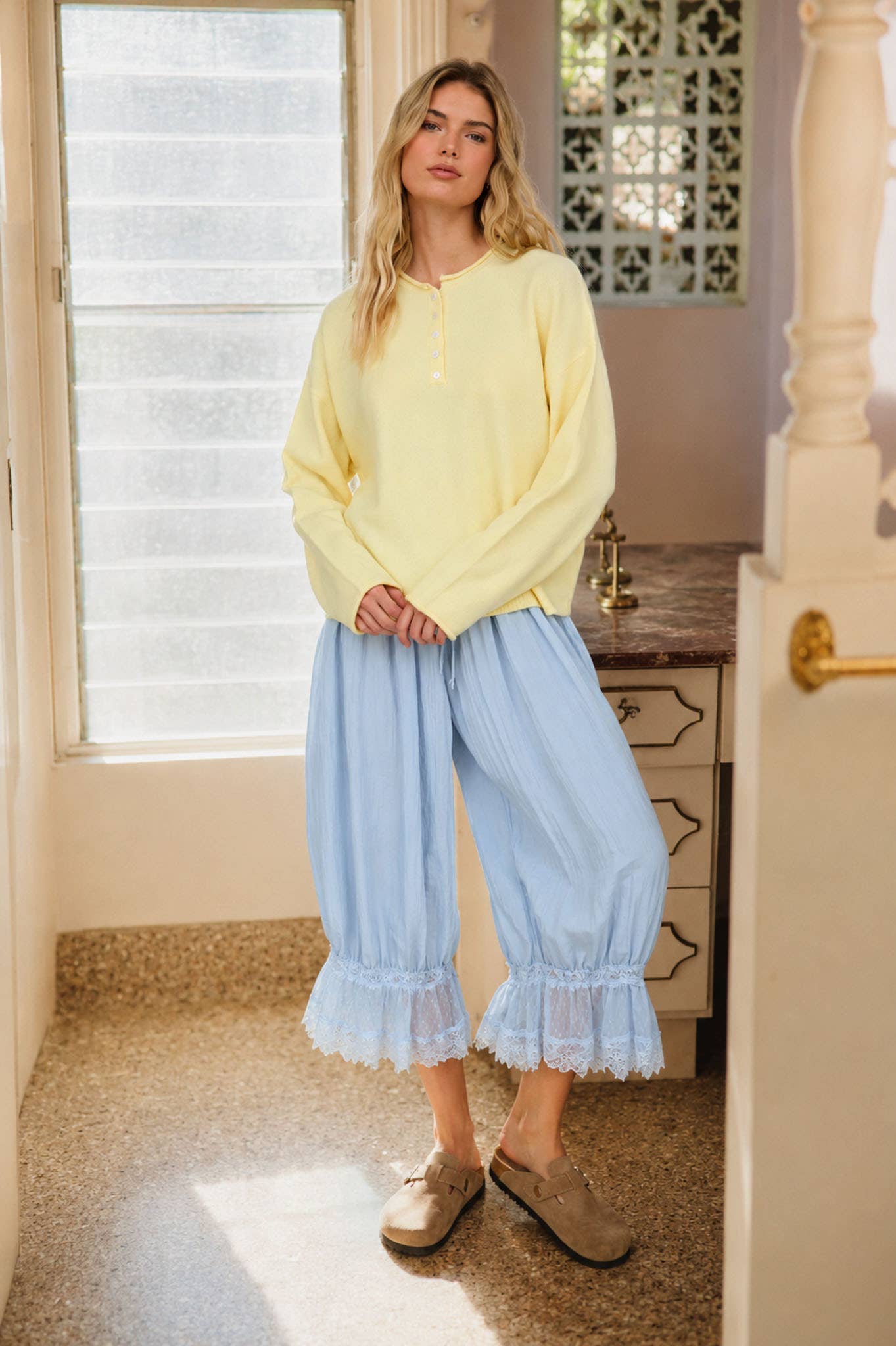 Raw Rolled Edge Henley Relaxed Pullover Sweater