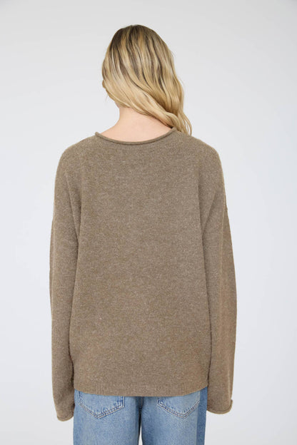 Raw Rolled Edge Henley Relaxed Pullover Sweater