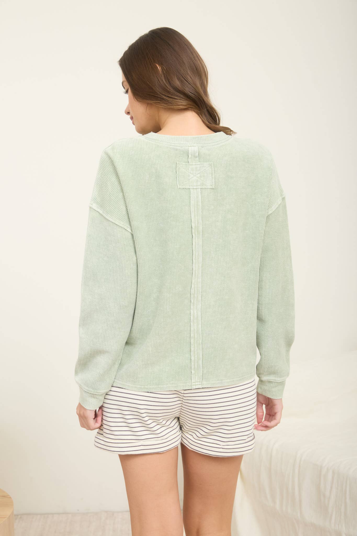 Washed Pocket Detail Long Sleeve Rib Knit Top