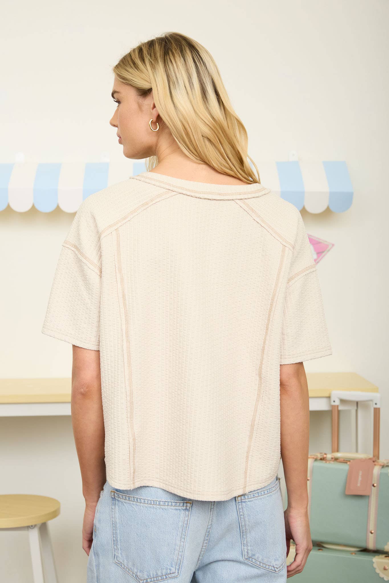 Textured Knit Short Sleeve Henley Knit Top