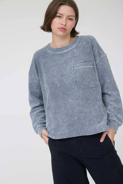 Washed Pocket Detail Long Sleeve Rib Knit Top