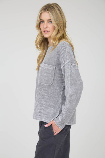 Washed Pocket Detail Long Sleeve Rib Knit Top