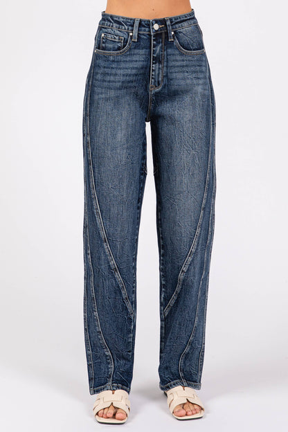 Detailed Seam High Rise Comfort Barrel Jean