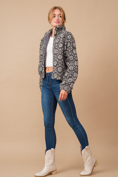 Snow Pattern Shearling Zip Up Jacket