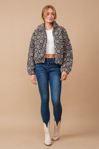 Snow Pattern Shearling Zip Up Jacket