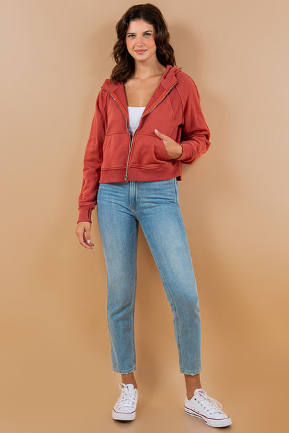 Contrast Ribbed Zip-Up Hoodie Sweatshirt Jacket