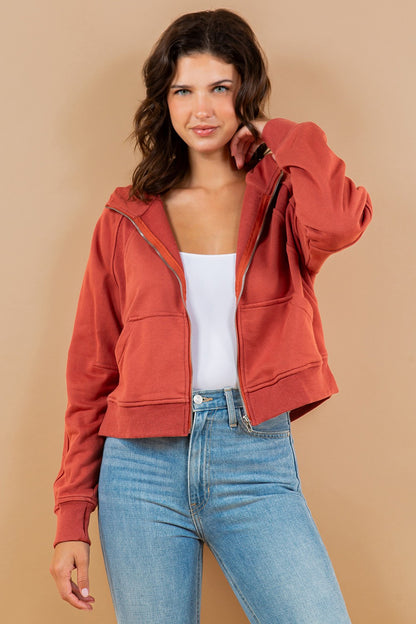 Contrast Ribbed Zip-Up Hoodie Sweatshirt Jacket