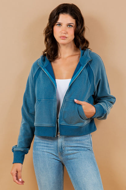 Contrast Ribbed Zip-Up Hoodie Sweatshirt Jacket