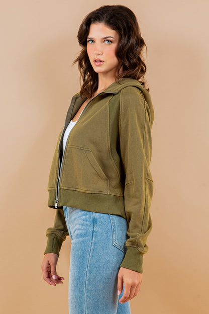 Contrast Ribbed Zip-Up Hoodie Sweatshirt Jacket