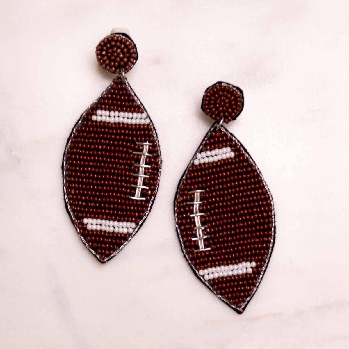Football Beaded Earrings   Brown/White   3.25"