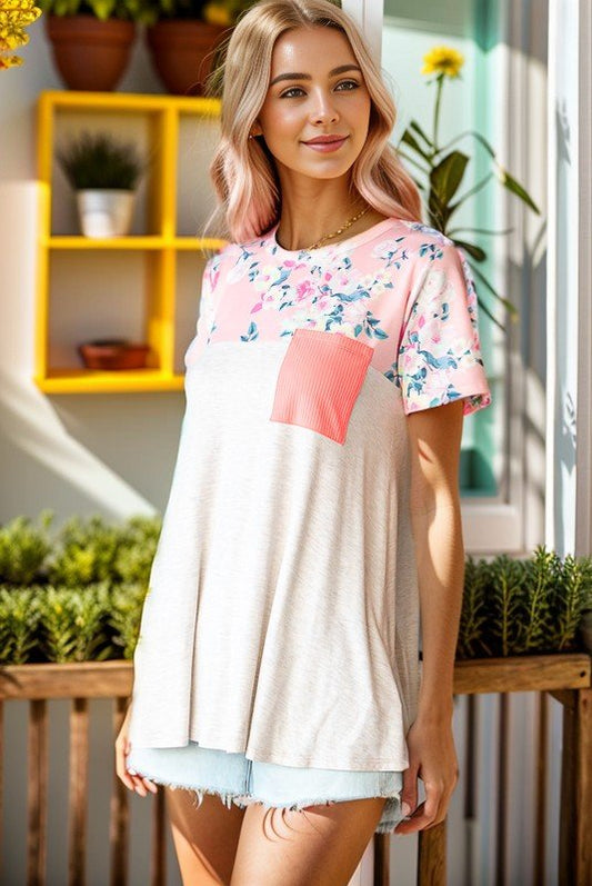 Floral Print Ribbed Pocket Top