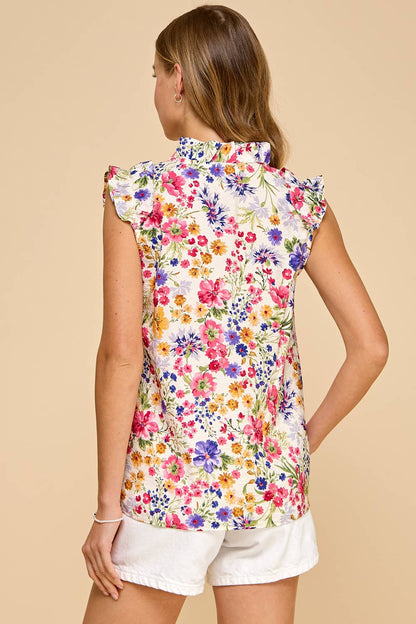 Ruffled V-Neck Floral Printed Top