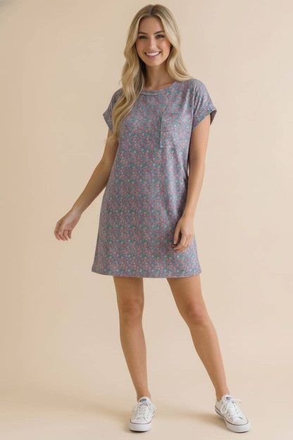 Crew Neck Floral Shift Dress Rib Dress