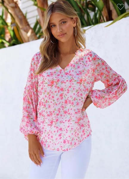 Floral Print V Neck Long Puff Sleeve Blouse