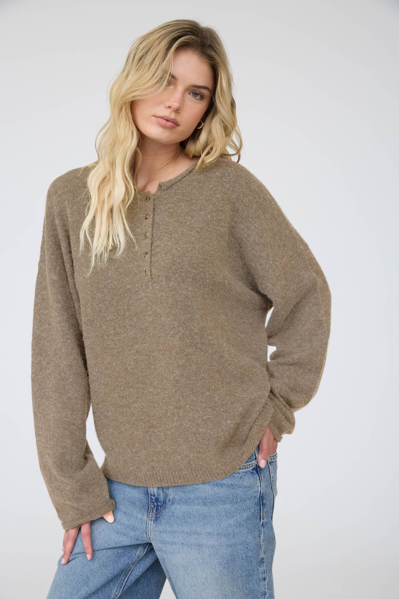 Raw Rolled Edge Henley Relaxed Pullover Sweater