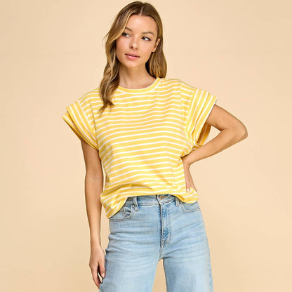 Striped Rolled Sleeve Knit Top