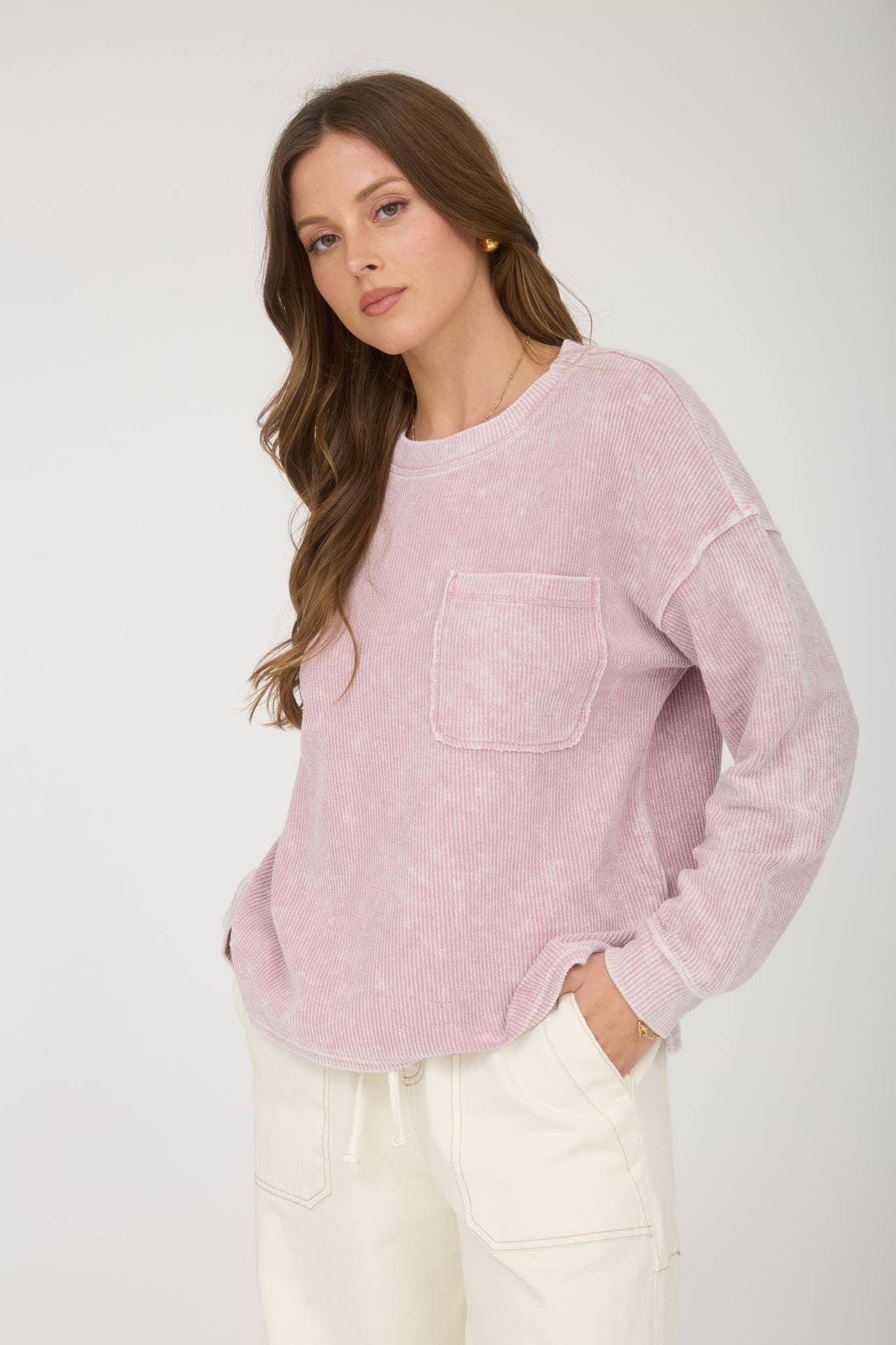 Washed Pocket Detail Long Sleeve Rib Knit Top