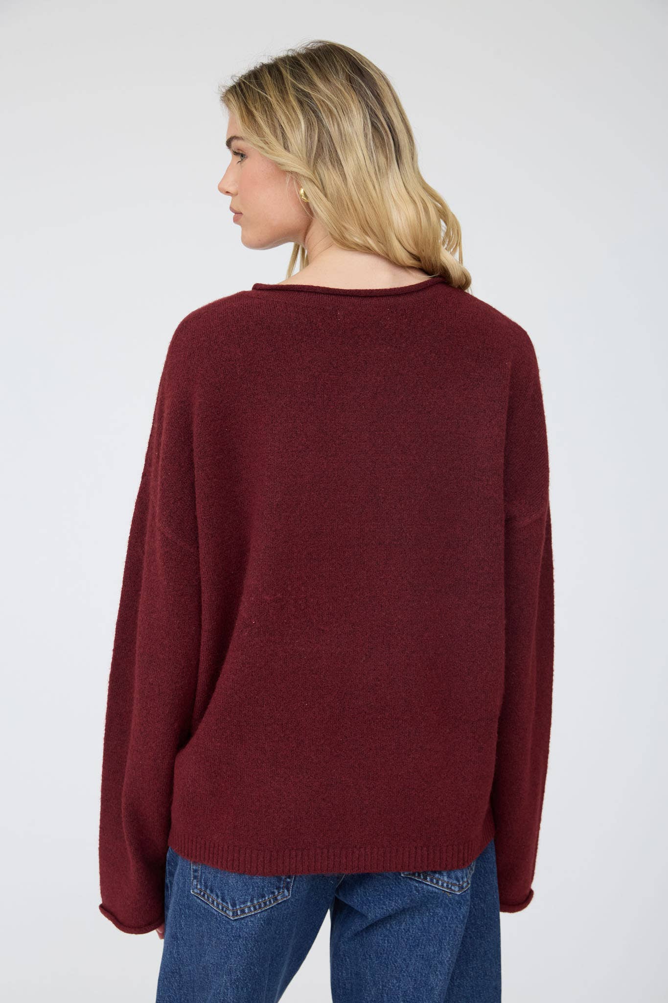 Raw Rolled Edge Henley Relaxed Pullover Sweater