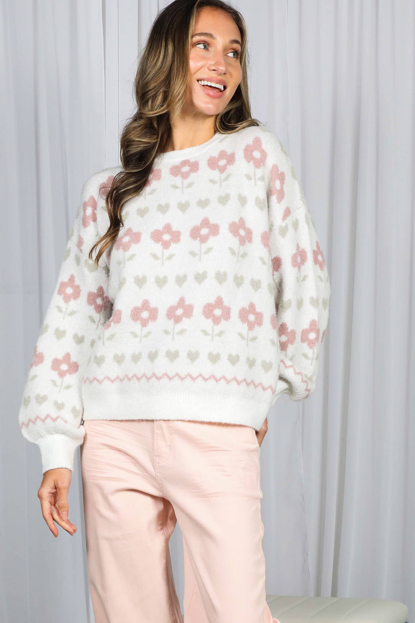 Floral Jacquard Pattern Pull Over Cozy Sweater