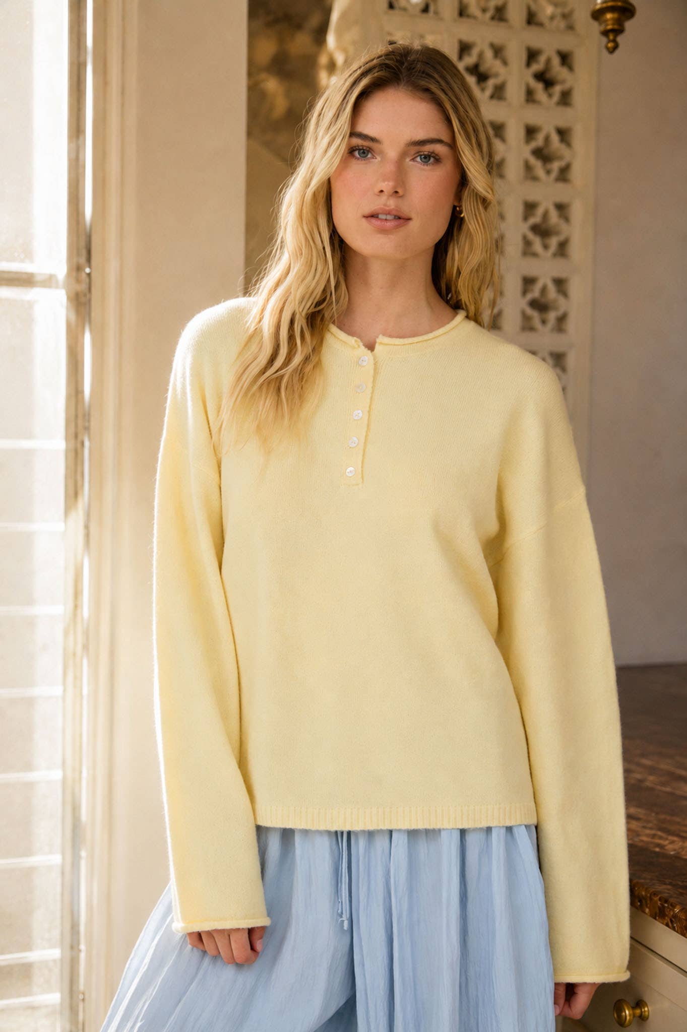 Raw Rolled Edge Henley Relaxed Pullover Sweater