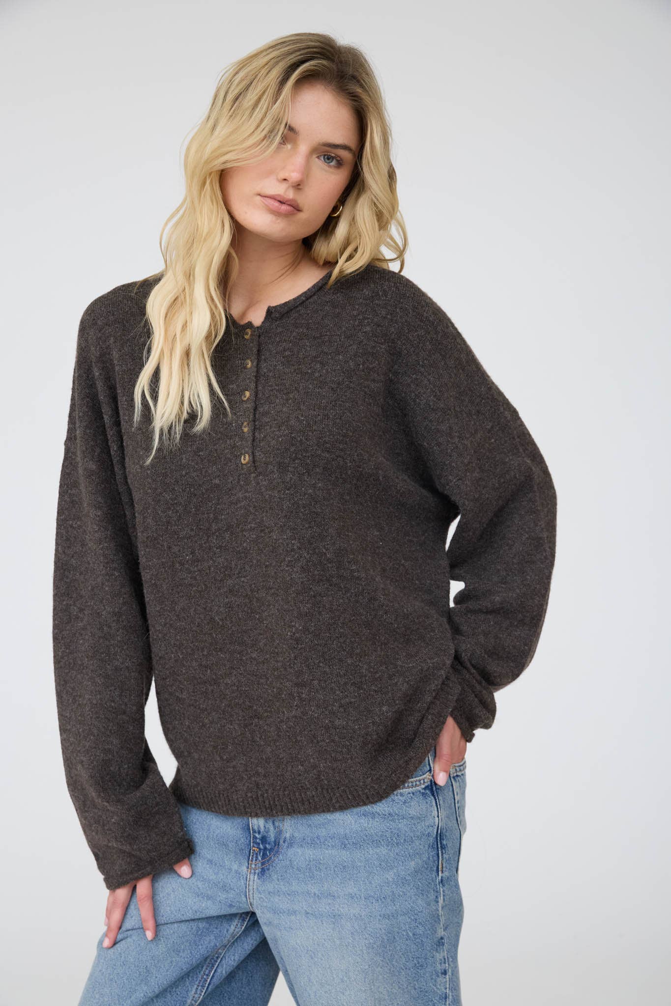 Raw Rolled Edge Henley Relaxed Pullover Sweater