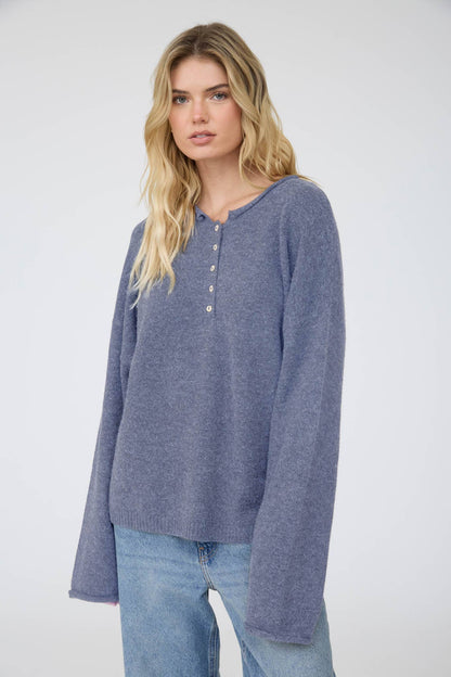Raw Rolled Edge Henley Relaxed Pullover Sweater