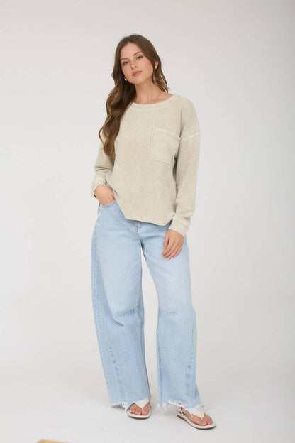 Washed Pocket Detail Long Sleeve Rib Knit Top