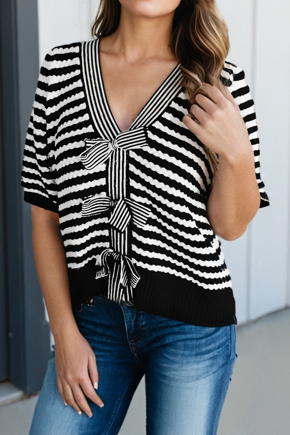 Stripe Knit Contrast Trim Bow V Neck Knot Sweater