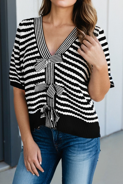 Stripe Knit Contrast Trim Bow V Neck Knot Sweater