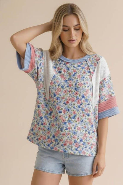 Short Sleeve Color Block Floral Knit Top