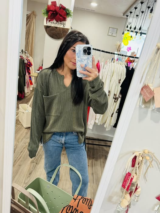 Olive Ribbed Hi-Low Hem Top