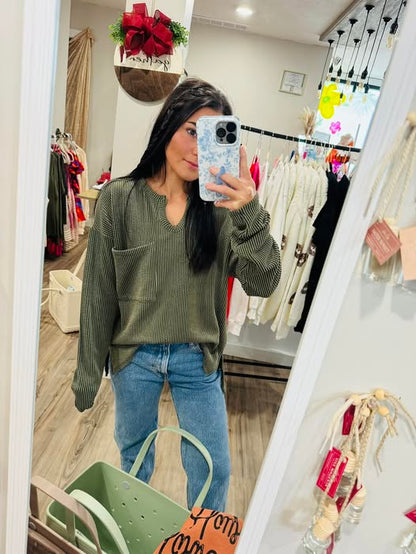 Olive Ribbed Hi-Low Hem Top