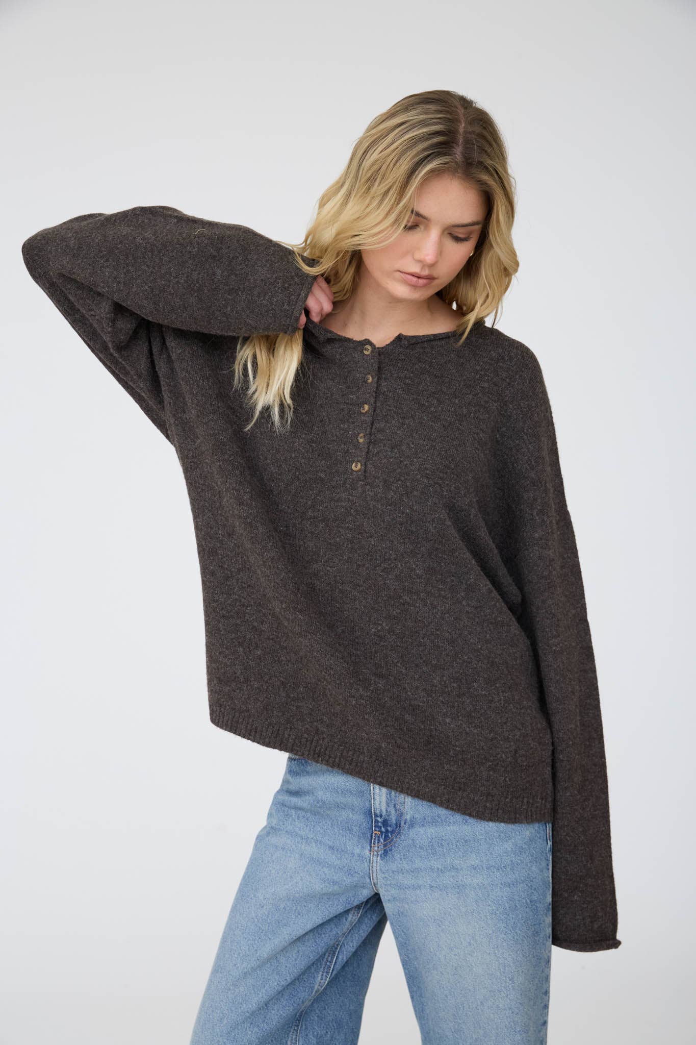 Raw Rolled Edge Henley Relaxed Pullover Sweater