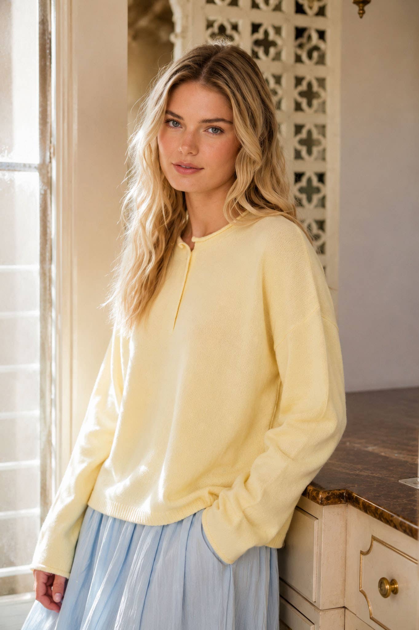 Raw Rolled Edge Henley Relaxed Pullover Sweater
