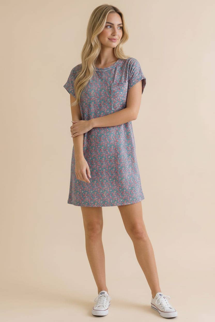 Crew Neck Floral Shift Dress Rib Dress
