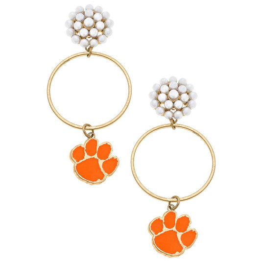 Tigers Pearl Cluster Enamel Hoop Earrings in Orange