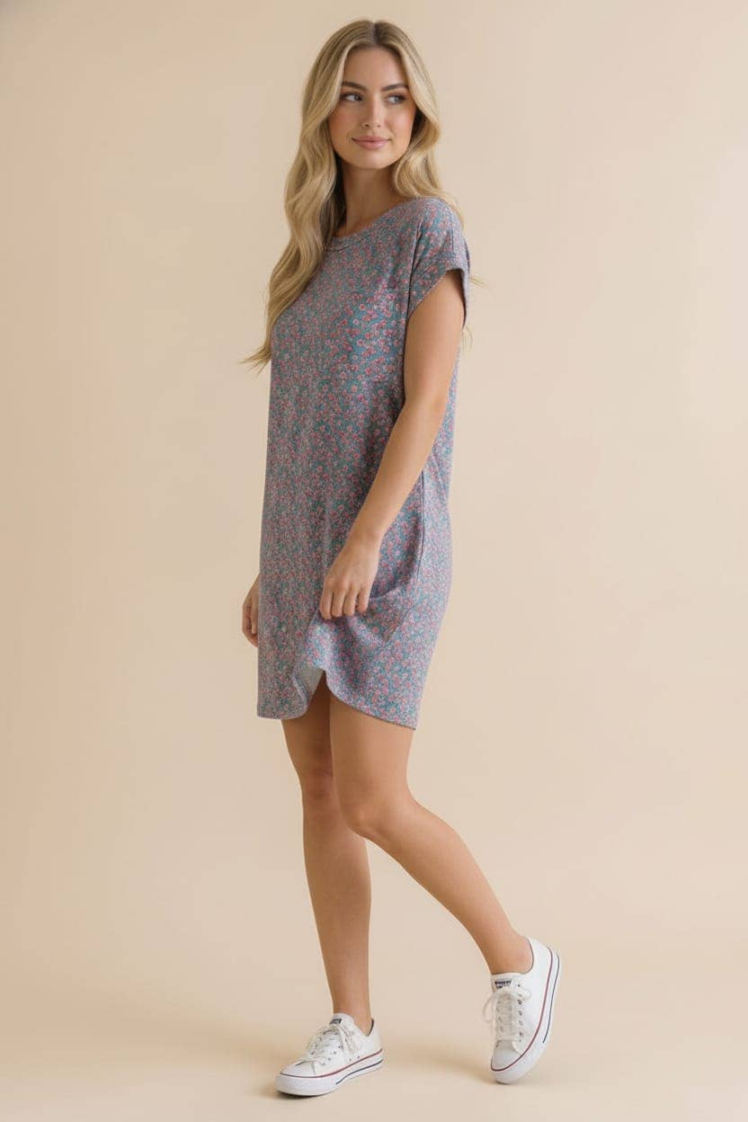 Crew Neck Floral Shift Dress Rib Dress