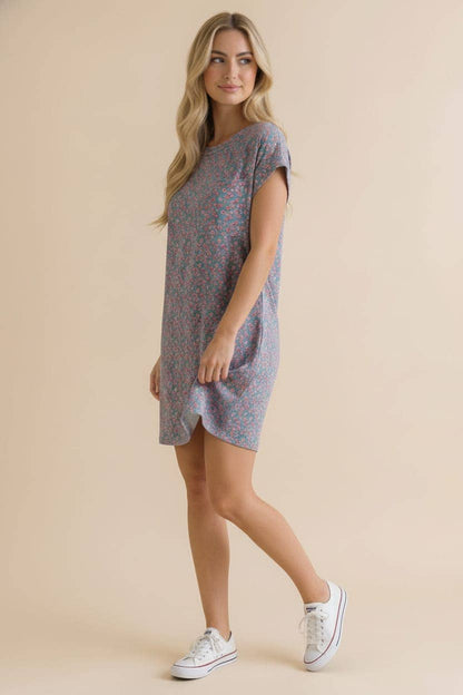 Crew Neck Floral Shift Dress Rib Dress
