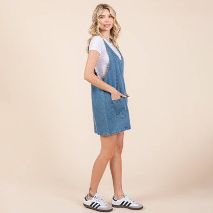 Scoop Neck Denim Short Overall Dress Skirtall