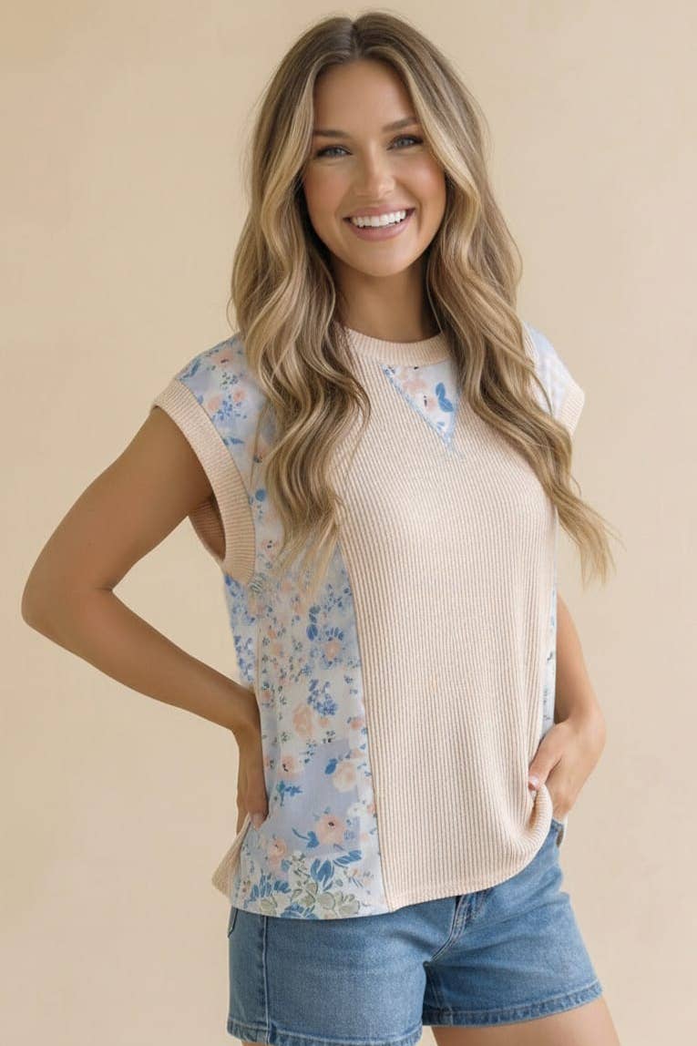 Floral Patchwork Color Block Wave Rib Top