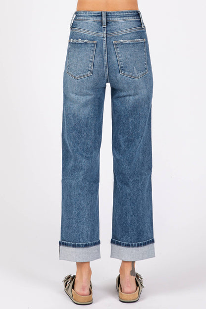 High Rise Stretch Relaxed Straight Jean With Cuffed Hem