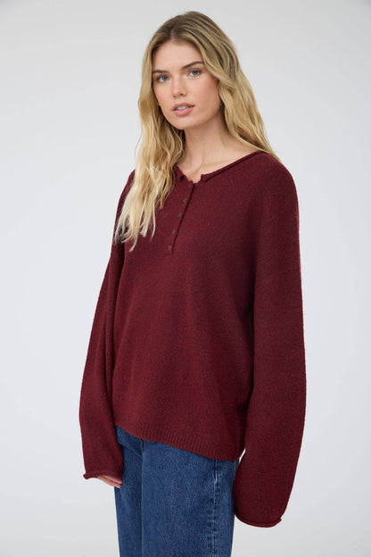 Raw Rolled Edge Henley Relaxed Pullover Sweater
