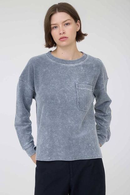 Washed Pocket Detail Long Sleeve Rib Knit Top