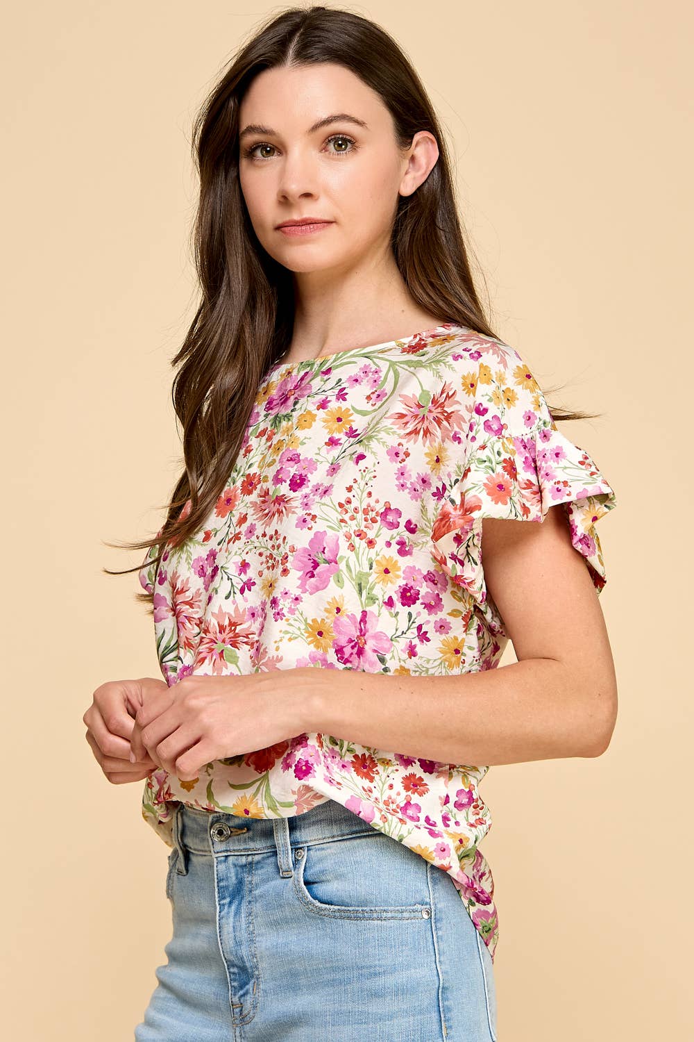 Floral Printed Top with Ruffled Sleeves