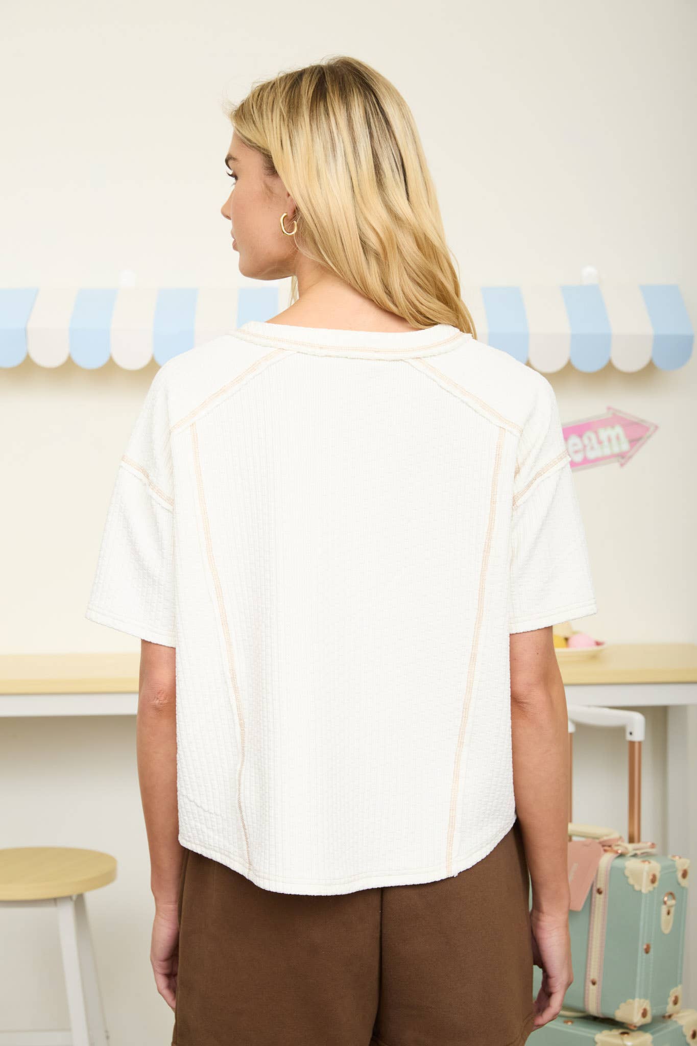Textured Knit Short Sleeve Henley Knit Top