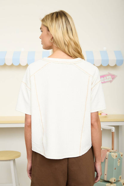 Textured Knit Short Sleeve Henley Knit Top