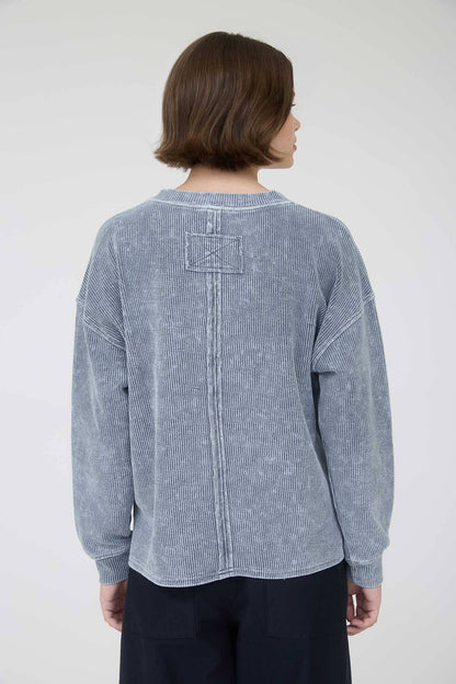 Washed Pocket Detail Long Sleeve Rib Knit Top